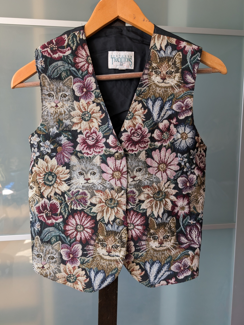 📼 Fun Vintage Floral & Cat Tapestry Vest - Multicolor - Small